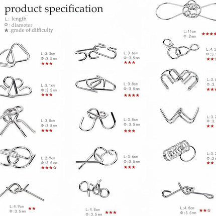 Metal Wire Puzzle Set of 24 with Pouch,Brain Teaser IQ Test Disentanglemen Iron Link Unlock Interlock Game Chinese Ring Magic Trick Toy for Party Favor Kids Adults Challenge