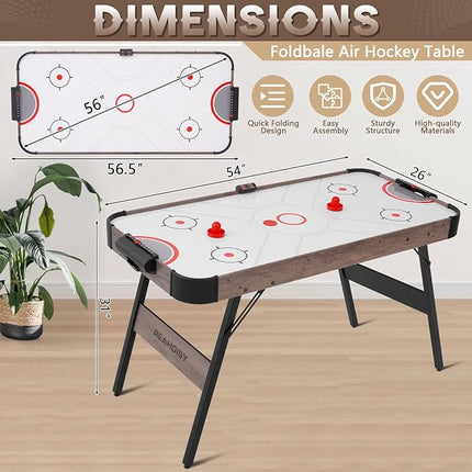 56” Foldable Air Hockey Table, Folding Indoor Hockey Game Table w/Accurate Electronic Scoring, Powerful Motor, 2 Pucks and 2 Pushers for Adults Kids, Home Game Room