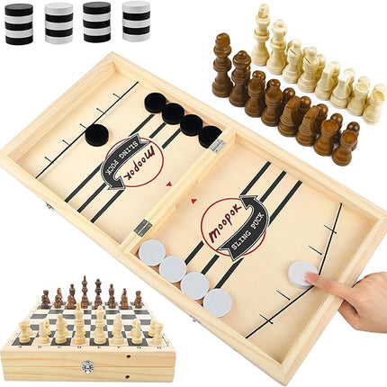 Fast Sling Puck Game - 2 in1 Chess Board and Desktop Battle Super Winner Game,Fast Action Wooden Air Hockey Board Game,Adults and Kids Family Friend Funny Slingshot Game Toys
