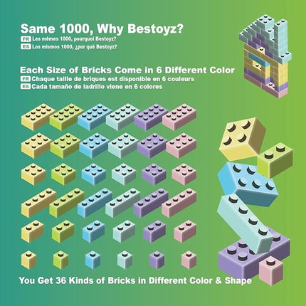 Building Bricks 1000 Pieces in Pastel Colors, Classic Building Blocks Toys & Gifts for Boys & Girls Aged 4+