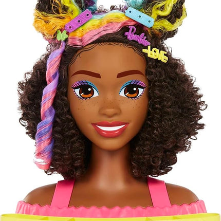 Barbie Totally Hair Styling Doll Head & 20+ Accessories, Color Reveal & Color-Change Pieces, Curly Brown Neon Rainbow Hair