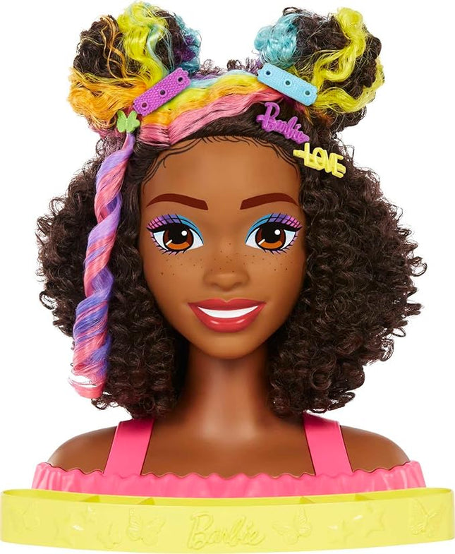 Barbie Totally Hair Styling Doll Head & 20+ Accessories, Color Reveal & Color-Change Pieces, Curly Brown Neon Rainbow Hair