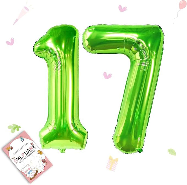 Smlpuame 40 inch Number Balloon 0-9 Green Large Number 17 Balloons,Digital Balloons for Birthday Party Celebration Decorations Supplies, Helium Foil Number Balloons for Wedding Anniversary