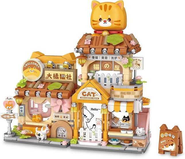 Cute Cat Mini Building Blocks Set, 917PCS MOC Mini Architecture Building Kits with Grooming Store Street View Design - STEM Educational Construction Gift for Girls Boys Kids Adults