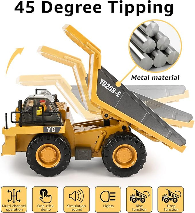 Remote Control Dump Truck Toys 9 Channel 2 Batteries RC Construction Toy Vehicles with Metal Bed Lights/Sounds, Birthday Gifts for Boys Age 3+