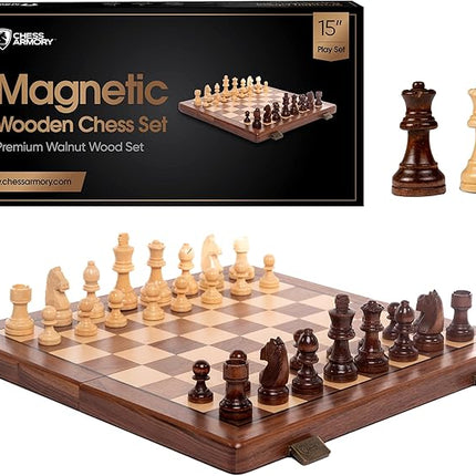Chess Armory 15 inch Chess Set Magnetic - Premium Wooden Board Game with a Portable Wood Case and Secure Storage for Pieces, Set for Kids and Adults (Walnut Wood)