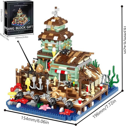 Wooden Fishing Lighthouse House Building Blocks,Village Store Mini Building Blocks Set, Construction Model for Adults Teens Kids Boys Girls 14+
