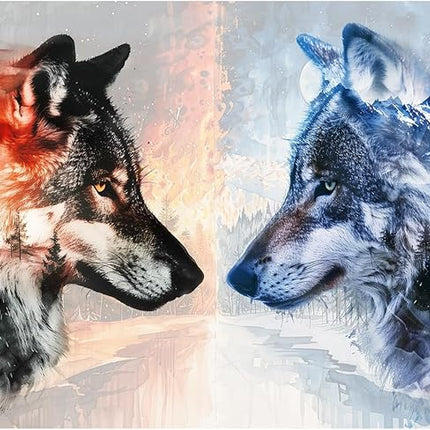 Bgraamiens - Ice VS Fire -1000 Pieces Fantasy Double Exposure Wolf Art, Nature Animals Puzzle Impossible Hard Puzzles for Adults