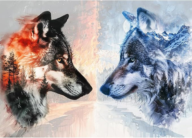 Bgraamiens - Ice VS Fire -1000 Pieces Fantasy Double Exposure Wolf Art, Nature Animals Puzzle Impossible Hard Puzzles for Adults