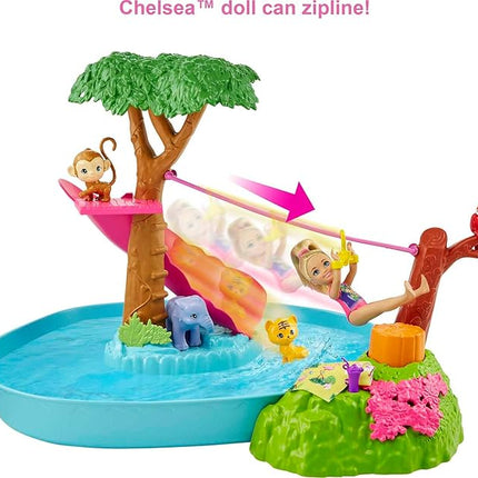 Barbie and Chelsea The Lost Birthday Splashtastic Pool Surprise Playset with Chelsea Doll (6-in), 3 Baby Animals, Slide, Zipline & Accessories, Gift for 3 to 7 Year Olds