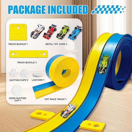 Flexible Race Track Toys for Kids 15 Ft with 4 Cars & Suction Cups, Portable Double Lane Racetrack Compatible with Hot Wheels & 1/64 Diecast Cars, Fun Car Ramp Track Set for Ages 3+(Blue & Yellow)
