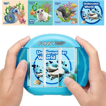 Rotating 3D Puzzle for Kids 3 4 5 6 7 Year Old, 4 Puzzles in 1, Handheld Game Fidget Toys for Travel, Cars & Plane, Fine Motor Skills Developing (Marine Life)
