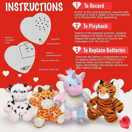 12.5" Heartbeat Diary Cow Recordable Stuffed Animals Voice Sweet Messages Recorder Soft Plush Toy Playback Your Words Birthday Gifts for Toddler Kids