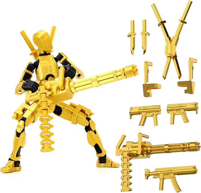 Gatling Gun T13 Titan 13 Action Figure Set【Assembled】, Robot Action Figure 3D Printed robo 13 Action Fidget Toys Dummy Figure Articulated, Lucky 13 for Collectors Desktop Decorations (Golden-Black)