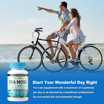 Vegan Ashwagandha Sea Moss Gummies - Black Seed Oil, Vitamin C&D for Immune Support, Digestive, Antioxidant 13 in 1 Bundle, Sea Moss Chlorophyll Advanced Strength Formula 60 Gummies