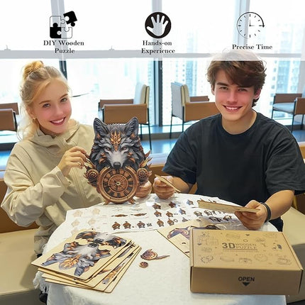 3D Puzzles for Adults Clock-Gray Wolf Design Model Kit-Mechanical DIY Pendulum Clock with Roman Numerals-Desk Home Office Decor Personalized Gift for DIY Lovers