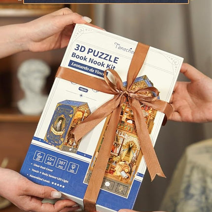 Tonecheer DIY Book Nook Kit for Adults, 3D Puzzle Wooden Miniature House Kit, Booknook Dollhouse Bookshelf Insert Decor Bookend with Dust Cover and LED Lights Gifts (Leonardo da Vinci)