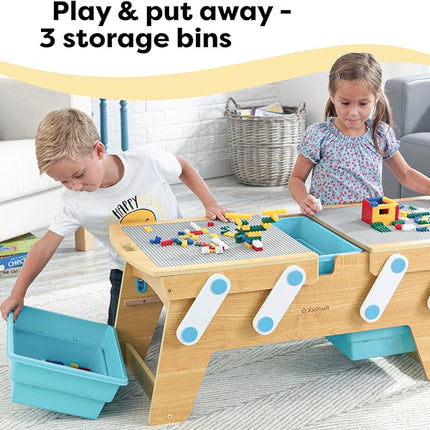 KidKraft Building Bricks Play N Store Wooden Table, Children's Toy Storage with Bins, 200+ Building Blocks Included, Natural, Gift for Ages 3+