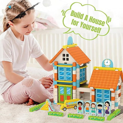 182PCS Wooden Building Blocks Set for Toddlers, Construction City Stacking Toys, Preschool Learning Educational Toys for Kids 3+ Years Girls and Boys (School)