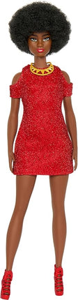 Barbie Fashionistas Doll #221 with Natural Black Hair Wearing Removable Red Dress & Accessories, 65th Anniversary Collectible Toy