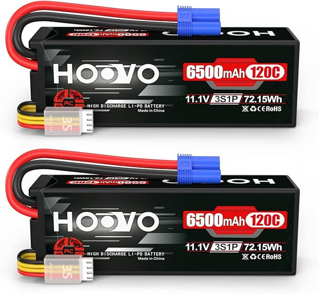 HOOVO 3S 11.1V Lipo Battery 6500mAh 120C RC Lipo Batteries Hard Case EC5 Plug Compatible with 1/8 1/10 Scale Vehicles RC Car Trucks Truggy Boats(2 Packs)