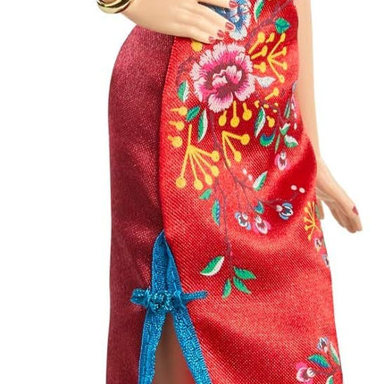 Barbie Signature Lunar New Year Doll (12-inch Brunette) Wearing Red Satin Cheongsam Dress with Accessories, Collectible Gift for Kids & Collectors