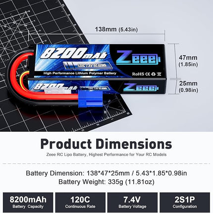 Zeee 2S Lipo Battery 8200mAh 7.4V 120C Hard Case RC Car Battery with EC5 Plug for 1/8 1/10 RC Vehicles RC Car Truck Truggy RC Boat Helicopter Racing Models(2 Pack)
