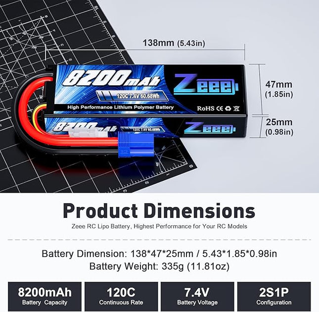 Zeee 2S Lipo Battery 8200mAh 7.4V 120C Hard Case RC Car Battery with EC5 Plug for 1/8 1/10 RC Vehicles RC Car Truck Truggy RC Boat Helicopter Racing Models(2 Pack)