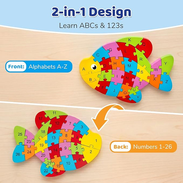 LovesTown Wooden Puzzles for Kids, Double Sided Goldfish Jigsaw with Alphabet & Numbers, Montessori Educational Toy for Toddlers, Chunky Animal Gift