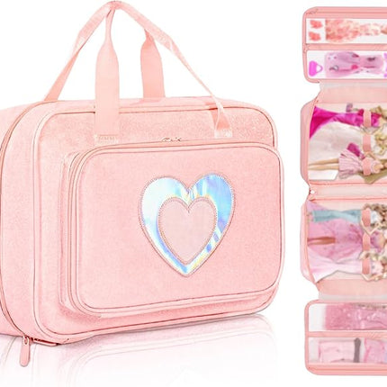 Carrying Case Compatible with Barbie Dolls 12-Inch, Storage Organizer with Handle Holds up to 6 Dolls,Multiple Pockets for Accessories,Toy Storage Box, Pink,Bag Only