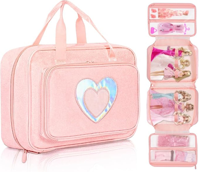 Carrying Case Compatible with Barbie Dolls 12-Inch, Storage Organizer with Handle Holds up to 6 Dolls,Multiple Pockets for Accessories,Toy Storage Box, Pink,Bag Only