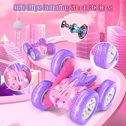 Remote Control Cars for Girls, 2.4GHz RC Stunt Car with 360° Flips & Double Sided Driving, Changeable Wheels, LED Headlights, Birthday Gift for 5-12 Year Old Girls (Pink)