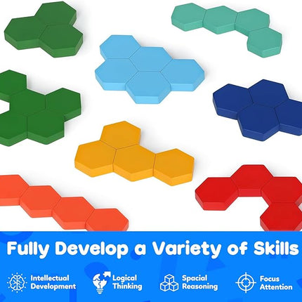 Skrtuan Wooden Hexagon Puzzle for Kid Adults Pattern Blocks Brain Teasers Tangram Puzzles Toy Jigsaw Board Geometry Logic IQ Travel Game STEM Montessori Educational Toys Gift, Puzzle Set, 4 Pack