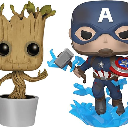 Funko Pop! Marvel 2-Pack Bundle – Captain America with Broken Shield & Mjolnir (Avengers: Endgame) and Dancing Groot (Guardians of The Galaxy)