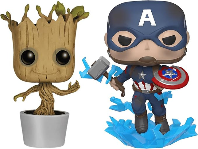 Funko Pop! Marvel 2-Pack Bundle – Captain America with Broken Shield & Mjolnir (Avengers: Endgame) and Dancing Groot (Guardians of The Galaxy)