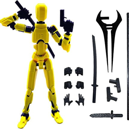 3D Printed 5.54-inch Multi-Jointed Action Figures Dummy13, Full Body Mechanical Movable Toy, Multiple Accessories, Hand Painted Figure, Desk Decoration, Creative Gifts (Bright Yellow)