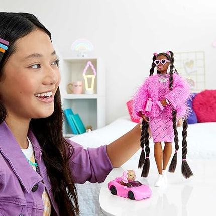 Barbie Extra Doll & Accessories with Long Brunette Styled Hair in Pink 2-Piece Outfit with Sparkly Jacket & Pet Puppy