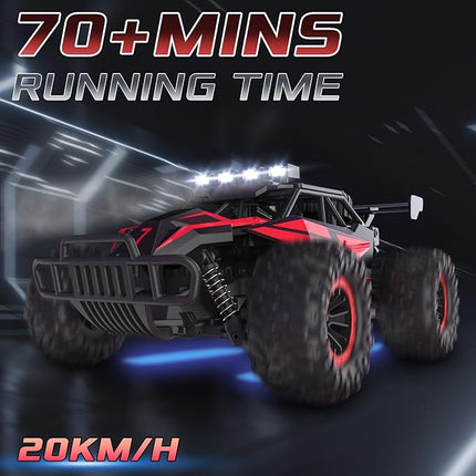 1:16 Scale Remote Control Car, 20 Km/h High Speed Remote Control Truck Off Road RC Monster Vehicle with LED Headlights and Chassis Lights, Electric Toy for Boys Kids and Adults