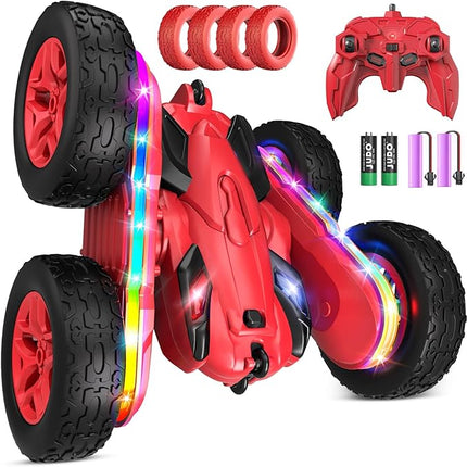 Remote Control Car,RC Cars with Sides Light Strip and Headlights,Double Sided 360 Flips Rotating RC Stunt Car,2.4Ghz All Terrain Toys for Ages 5-7 Kids Toy for Boys Girls Birthday Gift(Red)