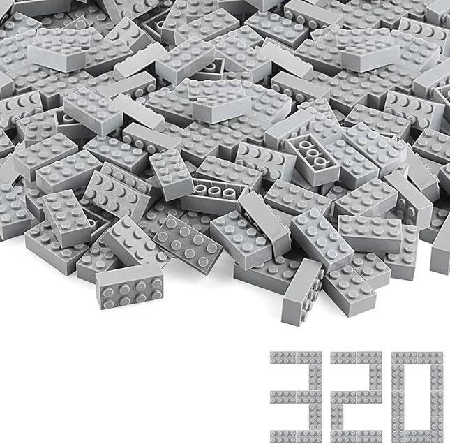 Feleph Basic Parts 320 Pieces 2x4 Light Gray Bricks Building Creative Play Blocks Set Toy Accessories Combine with Major Brick Brands (Gray Light)