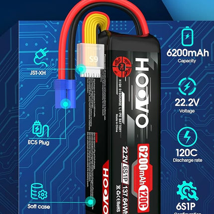 HOOVO 6S LiPo Battery 22.2V 6200mAh 120C with EC5 Plug Softcase RC Battery for RC Car Truck Boat RC Airplane Helicopter RC Vehicle