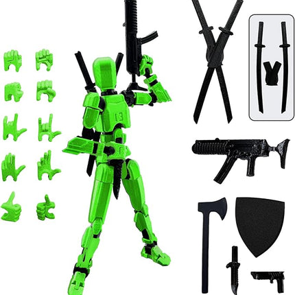 (Assembly Completed) 3D Printed Figure 5.54-inch Dummy13 with Weapon Expansion Set, Full Body Mechanical Movable Toy, Desk Decoration. (Green)