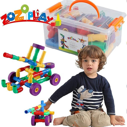 ZOZOPLAY STEM Learning Toy Tubular Pipes & Spouts & Joints 96 Piece Build Bicycle, Tank, Scootie, Moter Skills Endless Designs Educational Building Blocks Set for Kid Ages 3+ Multicolor