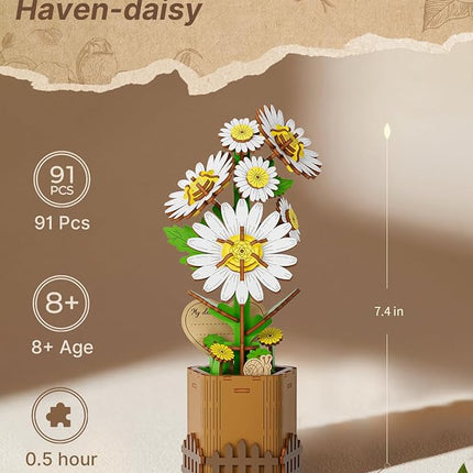 3D Daisy Wooden Puzzles for Adults, DIY Wooden Flower Craft Kit, Artificial Flowers Model Kit to Assemble for Adults.(3.1 * 2.6 * 7.4in 91PCS)