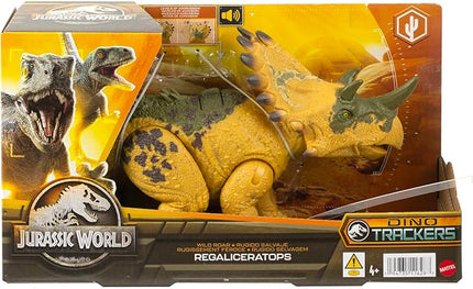 Mattel Jurassic World Wild Roar Dinosaur Toy with Sound & Attack Move, Regaliceratops Posable Action Figure Includes Digital Play, 11 inches Long