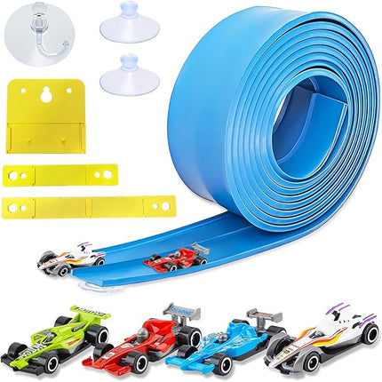 15 Ft Flexible Race Car Track, Portable Dual-Sided Race Car Track with 4 Cars & Suction Cups, Compatible with Hot Wheels & 1/64 Diecast Cars, Kids’ Car Ramp & Race Track (Blue)