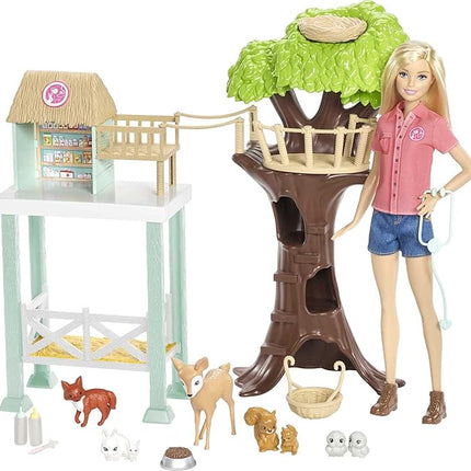 Barbie Vet Doll & Playset, Animal Rescuer Theme with 8 Wildlife Figures, Treehouse, Care Station, Rope Bridge & Accessories