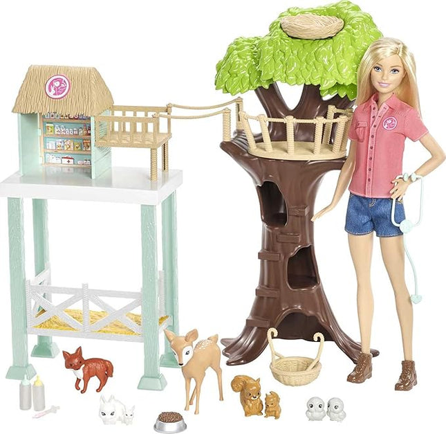 Barbie Vet Doll & Playset, Animal Rescuer Theme with 8 Wildlife Figures, Treehouse, Care Station, Rope Bridge & Accessories