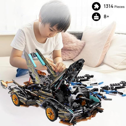 1:14-Scale RC Car Model Kit - Black-and-Gold Retro Supercar with APP Control, LED Lights, and Functional Scissor Doors for Creative Teens and Adult Hobbyists (1314 Pieces)