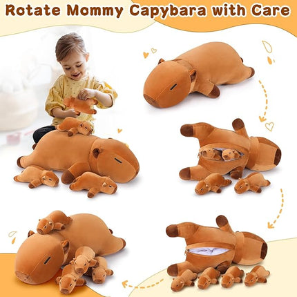 5 PCS Capybara Plush Stuffed Animal Family-Capybara Plush, 20" Large Mommy Plushies with 4 Baby Plushie Toy for Kids, Kawaii Body Pillow Christmas Birthday Gifts for Kids Boys Girls
